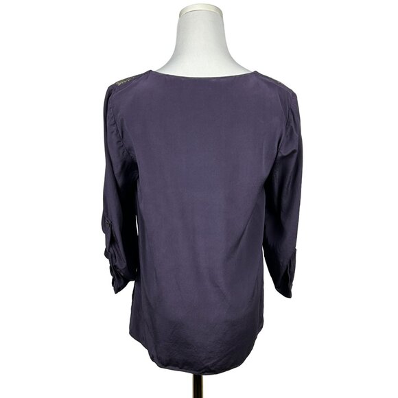 Tibi Blouse Women 4 100% Silk Roll Tab Sleeve Purple Embellished Beaded Feathers - Picture 4 of 12